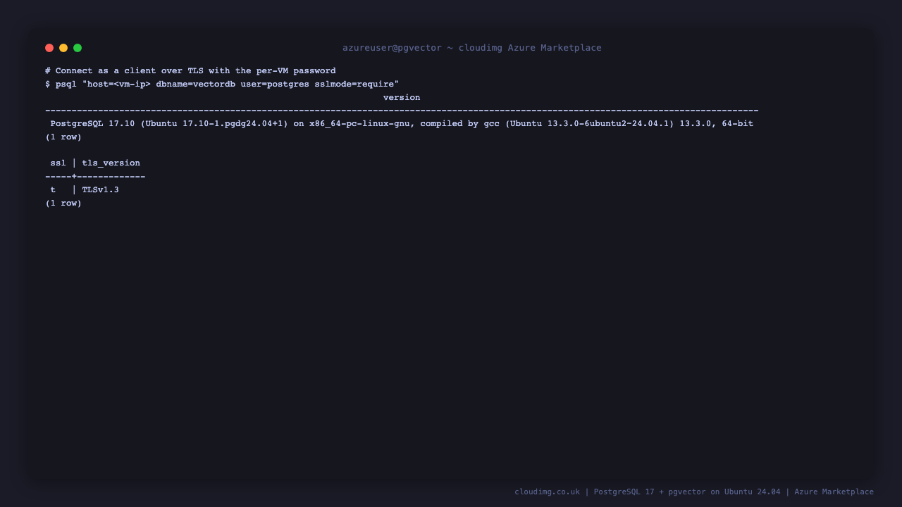 Terminal showing a psql client connecting over TLS with sslmode require, returning the PostgreSQL 17.10 server version banner and a pg_stat_ssl row where ssl is t and the TLS version is TLSv1.3, proving the remote connection is encrypted end to end