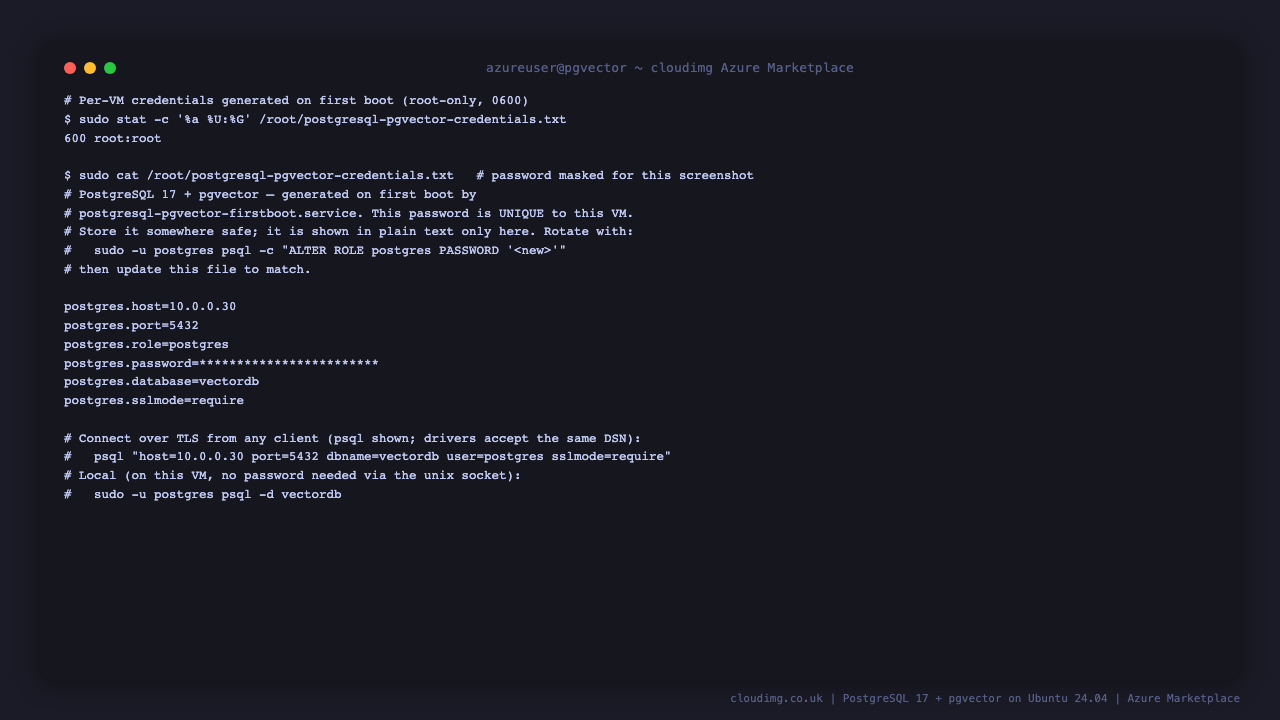 Terminal showing the per VM credentials file at /root/postgresql-pgvector-credentials.txt with mode 600 owned by root, listing the postgres host, port 5432, role postgres, the per VM password (masked), database vectordb and sslmode require, followed by a ready to use TLS psql connection string