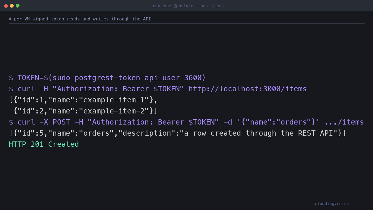 A signed token reading the api schema over HTTP 200 and creating a new row over HTTP 201