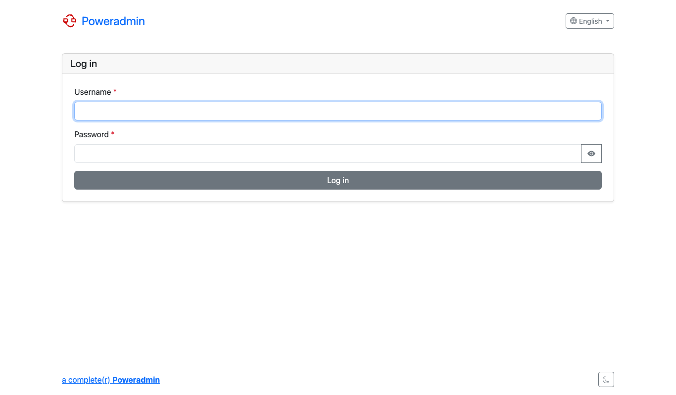 The Poweradmin sign in page served over HTTPS with the username and password fields