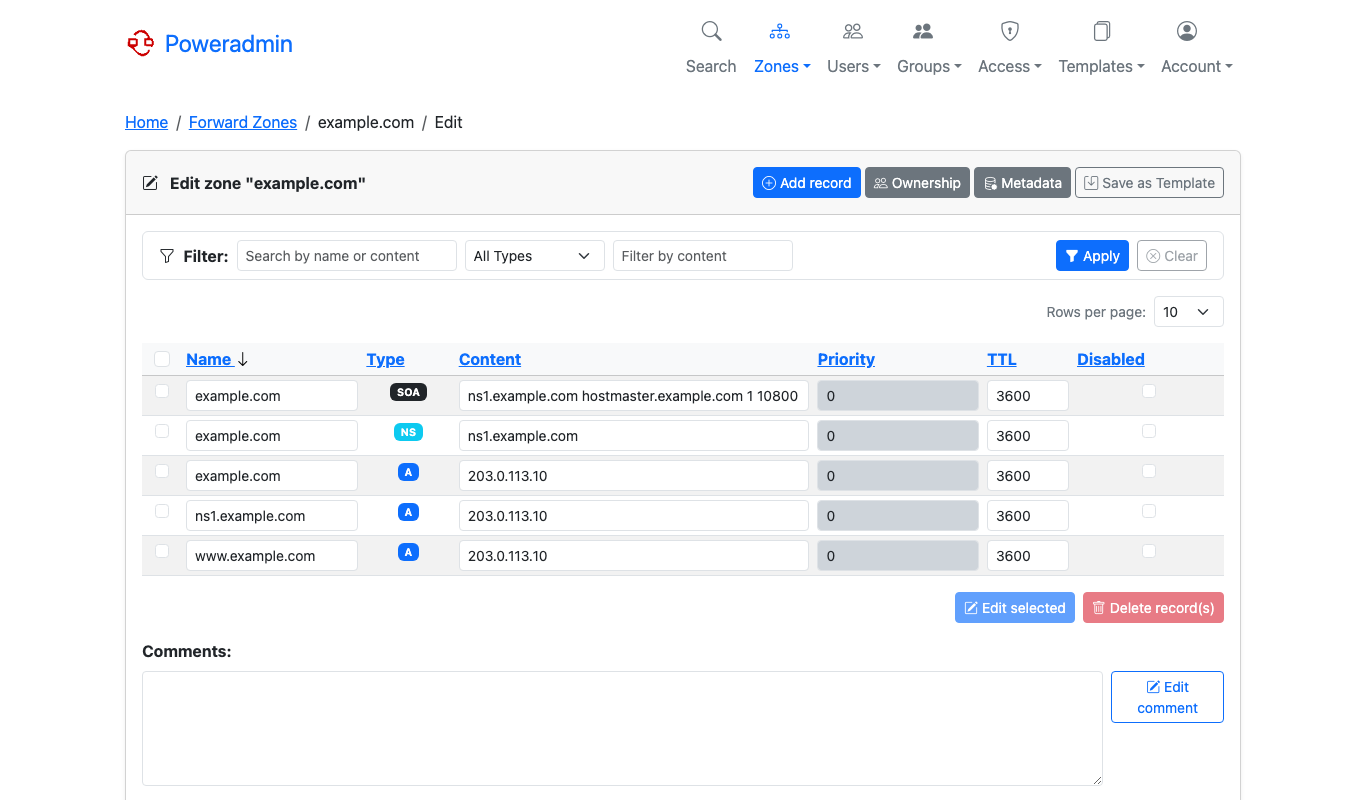 The zone editor for example.com listing the SOA record, the NS record ns1.example.com and three A records for example.com, ns1.example.com and www.example.com at 203.0.113.10, each with a TTL of 3600
