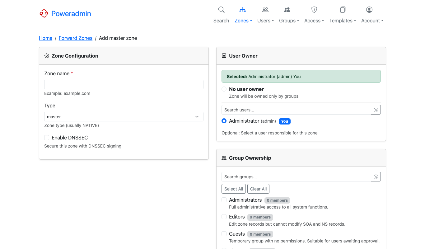 The Add master zone form with the zone name, the master type, the DNSSEC option and the user and group ownership choices