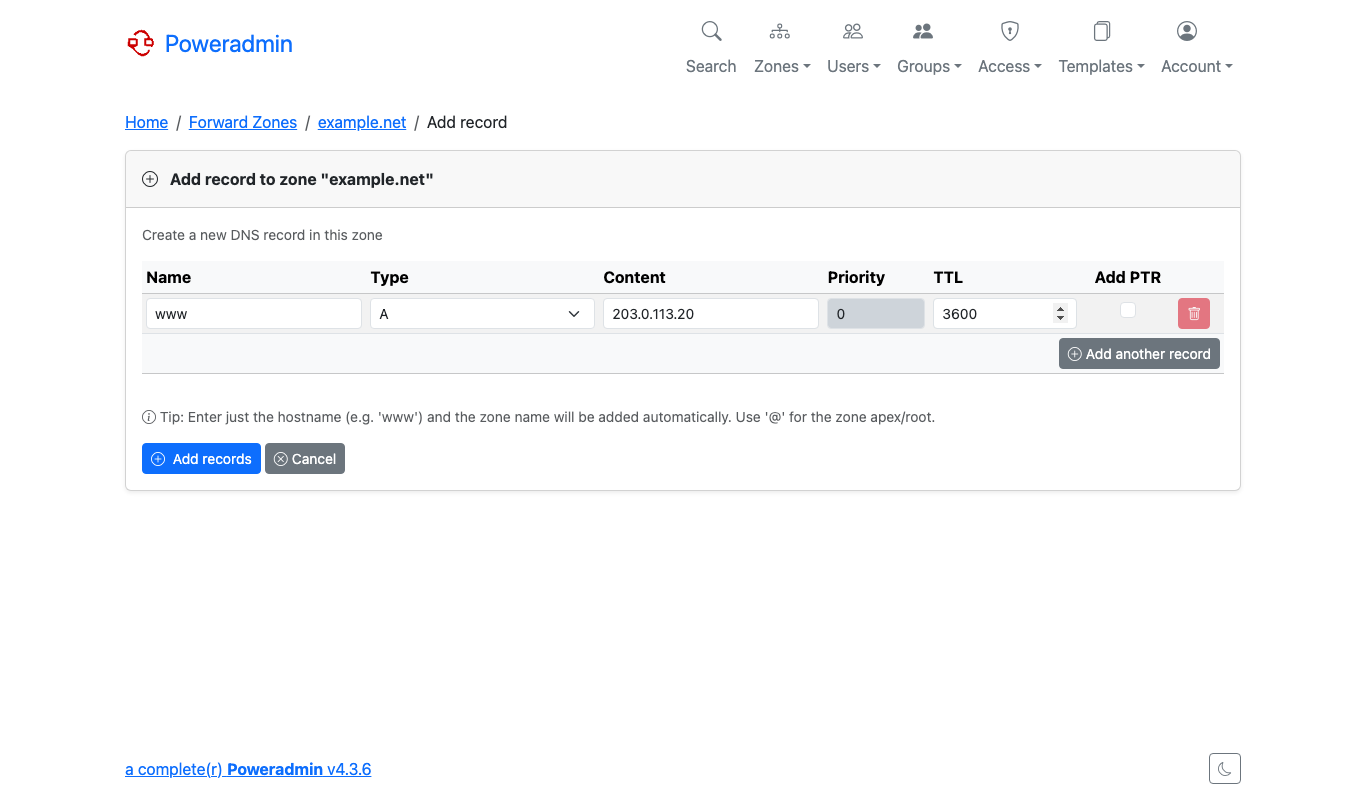 The Add record form for the zone example.net with a row for www, type A, content 203.0.113.20 and TTL 3600
