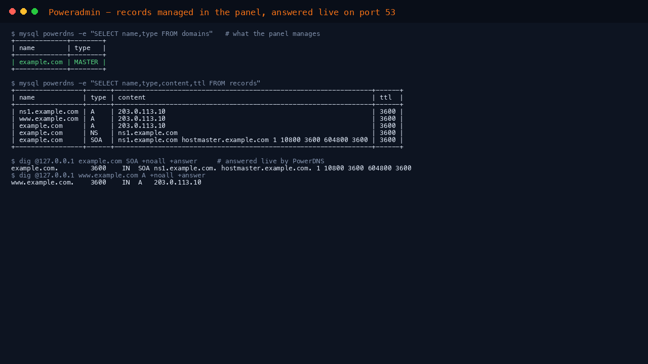 The records table from the powerdns database listing the SOA, NS and A records for example.com, and dig returning the same SOA, the A record 203.0.113.10 for www.example.com, and the NS record, answered live by PowerDNS on port 53