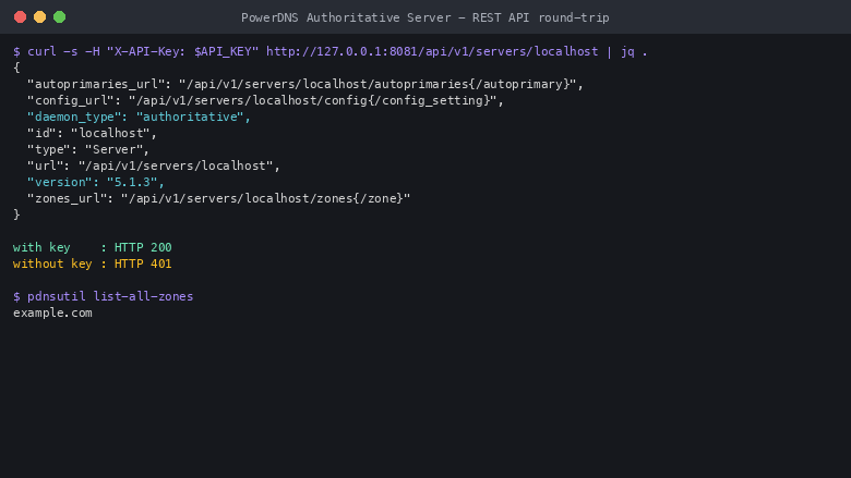 the REST API server info endpoint returns JSON with daemon_type authoritative and version 5.1.3 when called with the per instance X-API-Key, an authenticated request returns HTTP 200 while a request without a key returns HTTP 401, and pdnsutil list-all-zones shows the example.com zone
