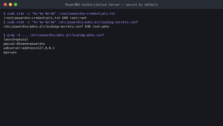 the credentials file is 0600 root root and the secrets drop-in is 0640 root pdns, and the pdns configuration shows the gmysql MariaDB backend with the REST API bound to loopback only