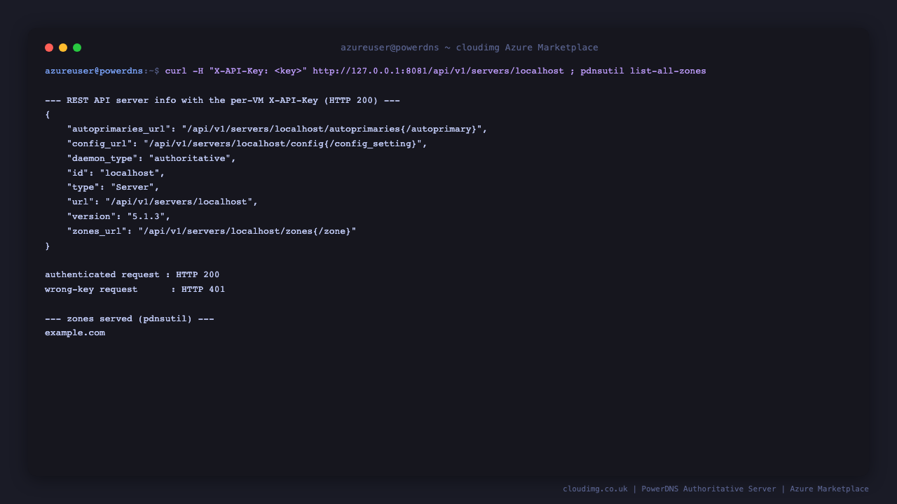 the REST API server info endpoint returns JSON with daemon_type authoritative and version 5.1.3 when called with the per VM X-API-Key, an authenticated request returns HTTP 200 while a request with a wrong key returns HTTP 401, and pdnsutil list-all-zones shows the example.com zone