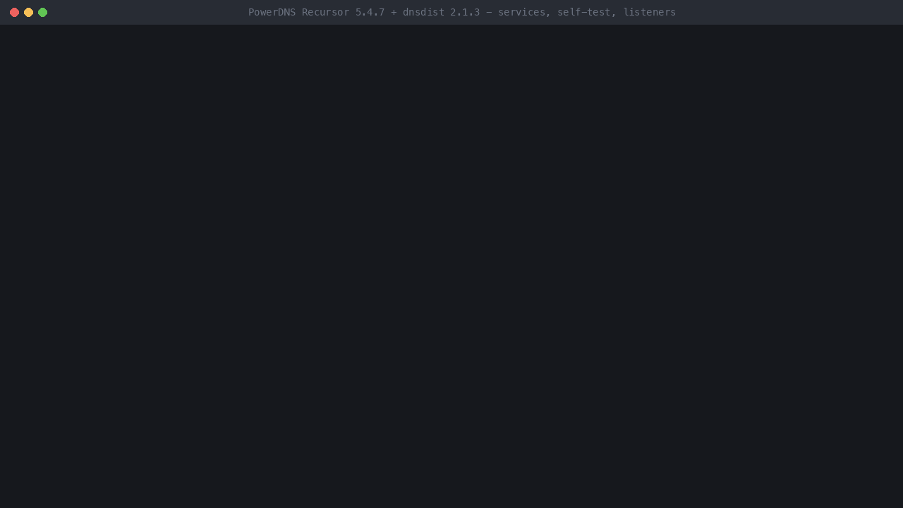 Both daemons active, PowerDNS Recursor 5.4.7 and dnsdist 2.1.3, the self-test passing, and the listening ports: DNS, DoT and DoH on all interfaces, the Recursor and every management port on 127.0.0.1