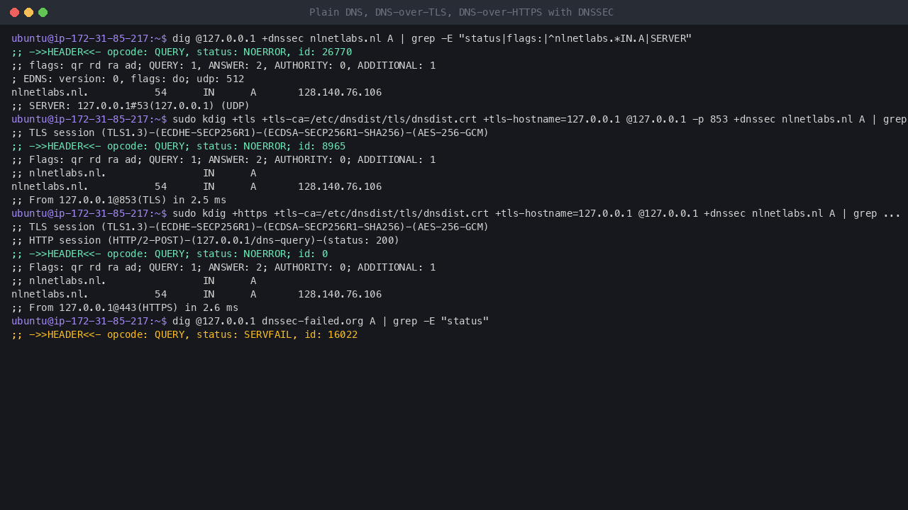 nlnetlabs.nl answered with the ad flag over plain DNS, DNS-over-TLS and DNS-over-HTTPS with the certificate verified, and dnssec-failed.org rejected with SERVFAIL