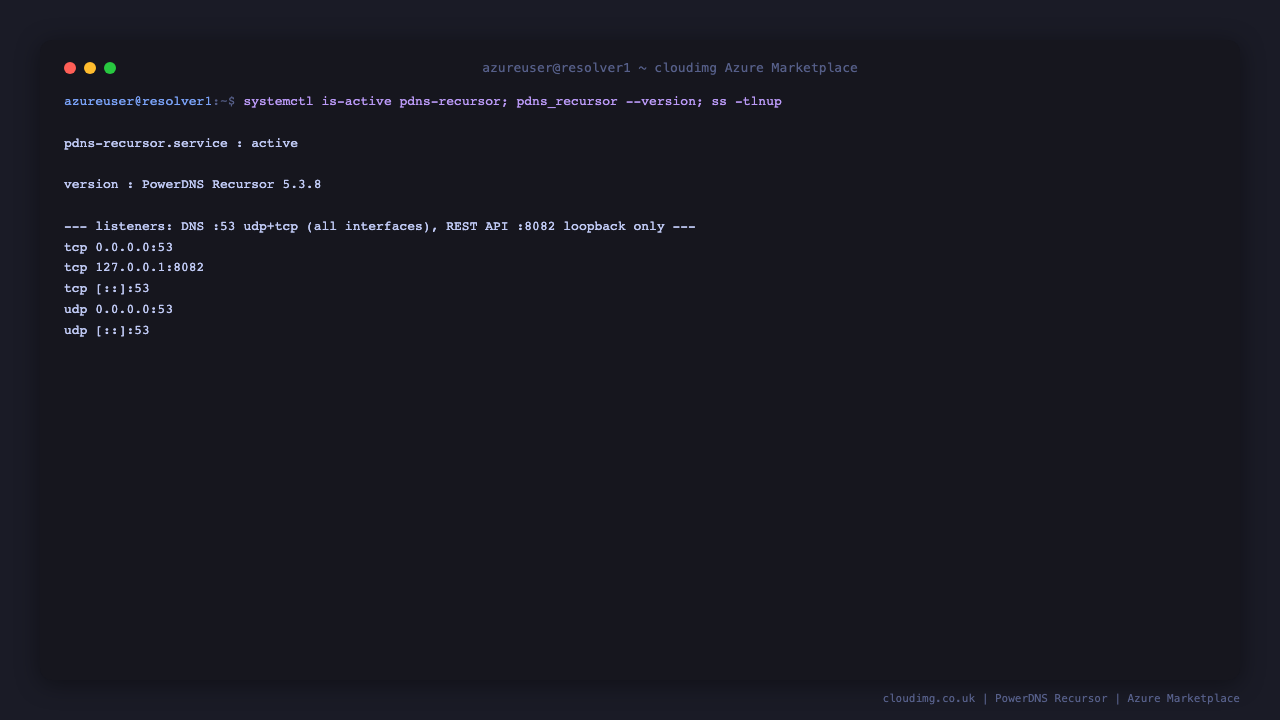 pdns-recursor.service is active, pdns_recursor reports PowerDNS Recursor 5.3.8, and ss shows DNS listening on port 53 udp and tcp on all interfaces while the REST API is bound to 127.0.0.1 port 8082 loopback only
