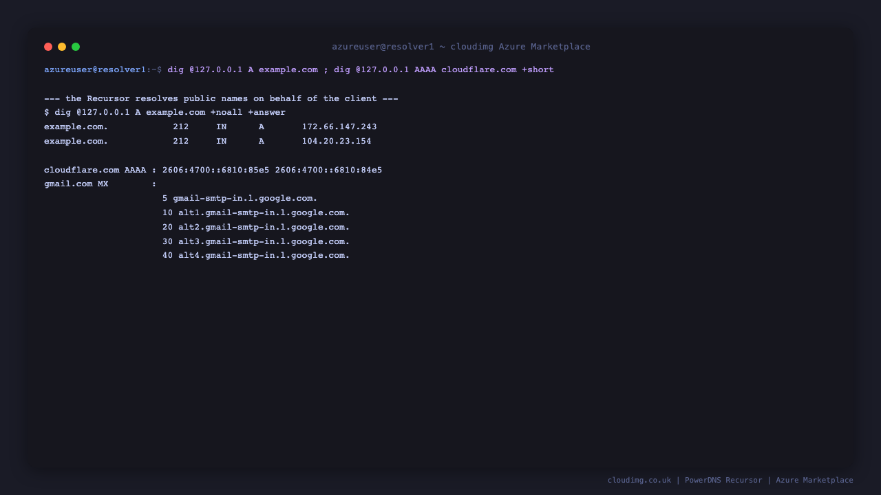 dig against the local Recursor resolves example.com to a public A record, cloudflare.com to its AAAA addresses, and gmail.com MX records, proving the resolver recurses to the internet on behalf of the client
