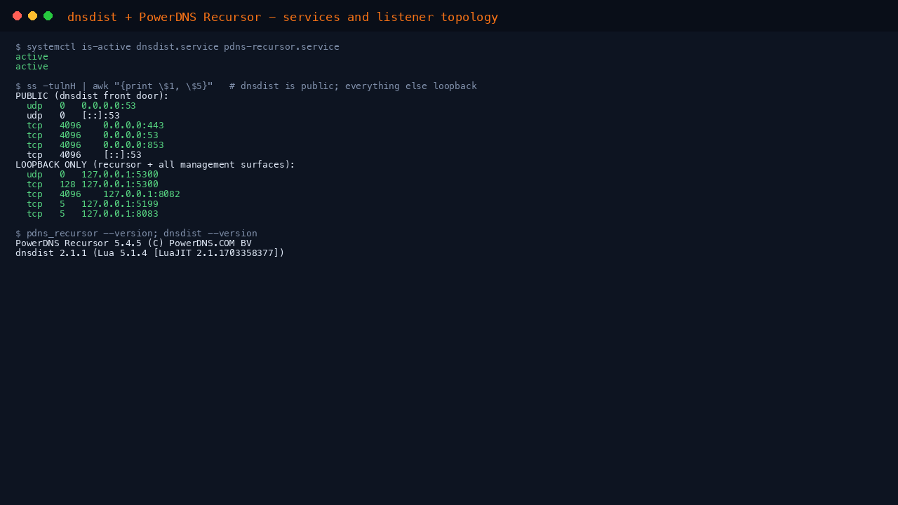 dnsdist and PowerDNS Recursor services and listener topology