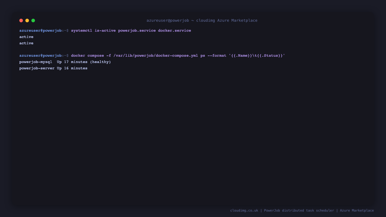 PowerJob systemd unit active and both containers running