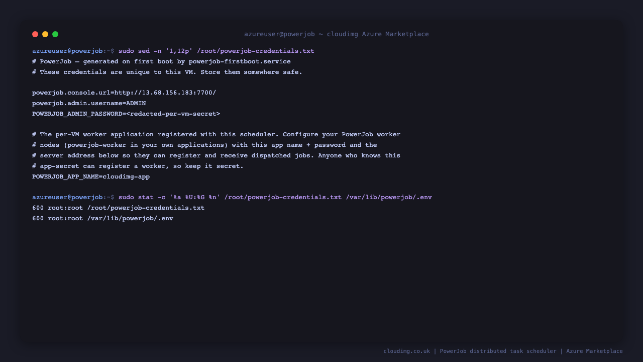 The per-VM admin password and worker application secret written on first boot, root-only