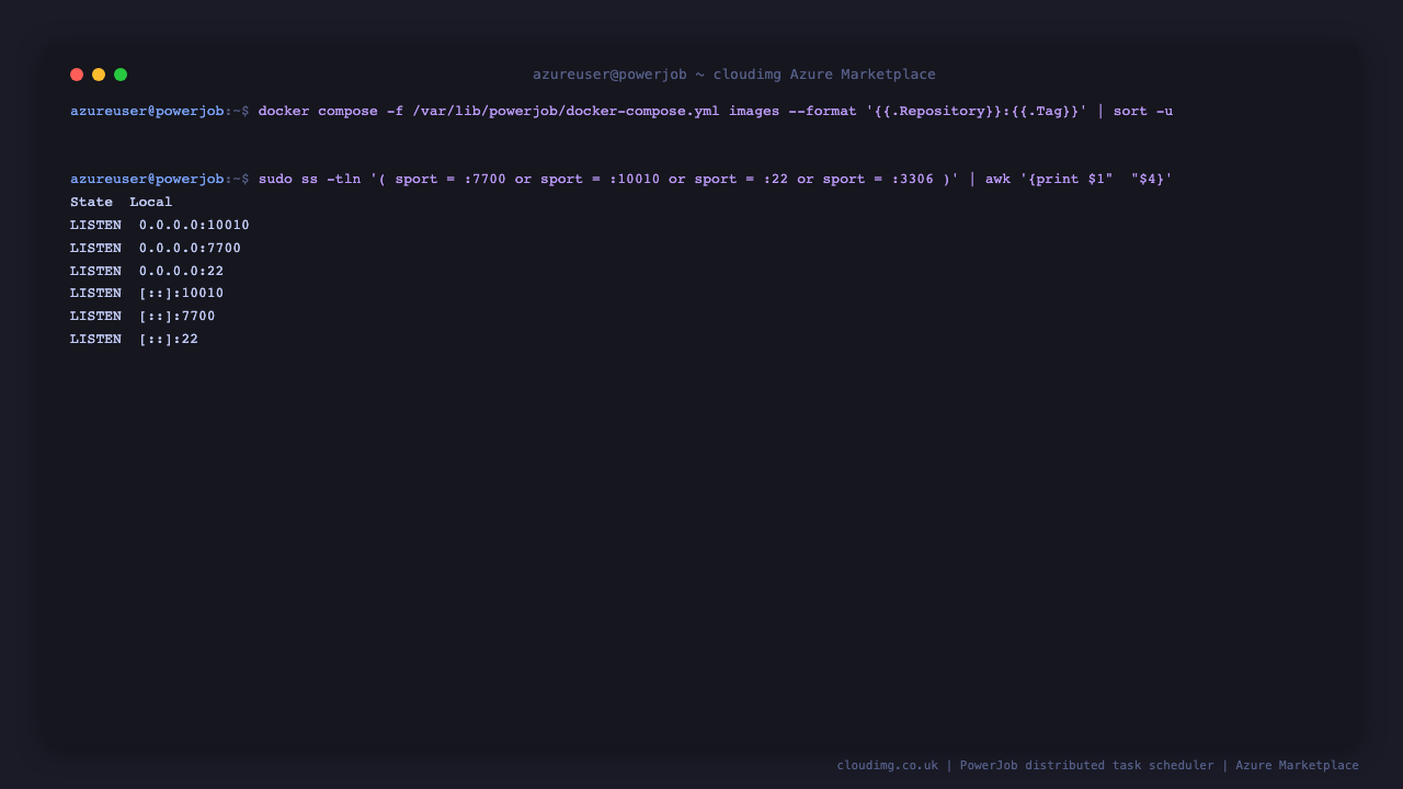 The PowerJob image pinned to v5.1.2 with only SSH, the console and the worker transport exposed