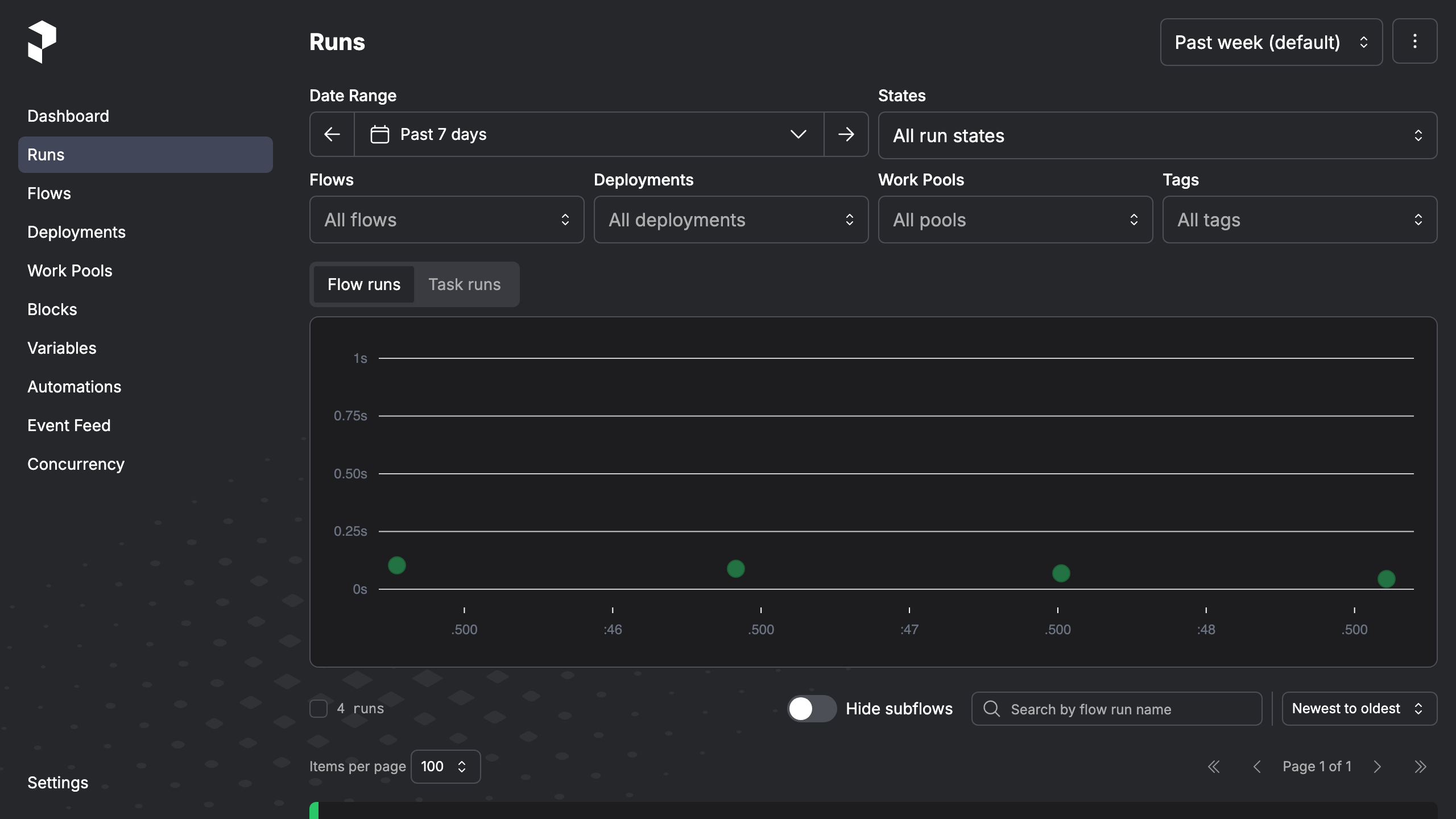 The Prefect UI runs view listing recent flow runs and their states