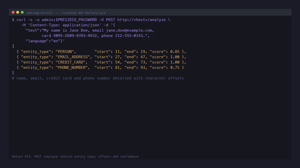 Presidio detecting PII: a POST to /analyze returns the entity type, character offsets and a confidence score for the name, email address, credit card number and phone number in the submitted text