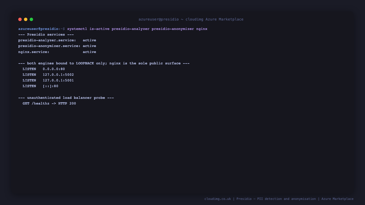 Presidio running on the cloudimg Azure image with presidio analyzer, presidio anonymizer and nginx all active, both engines bound to loopback only on ports 5001 and 5002, and the unauthenticated health probe returning HTTP 200