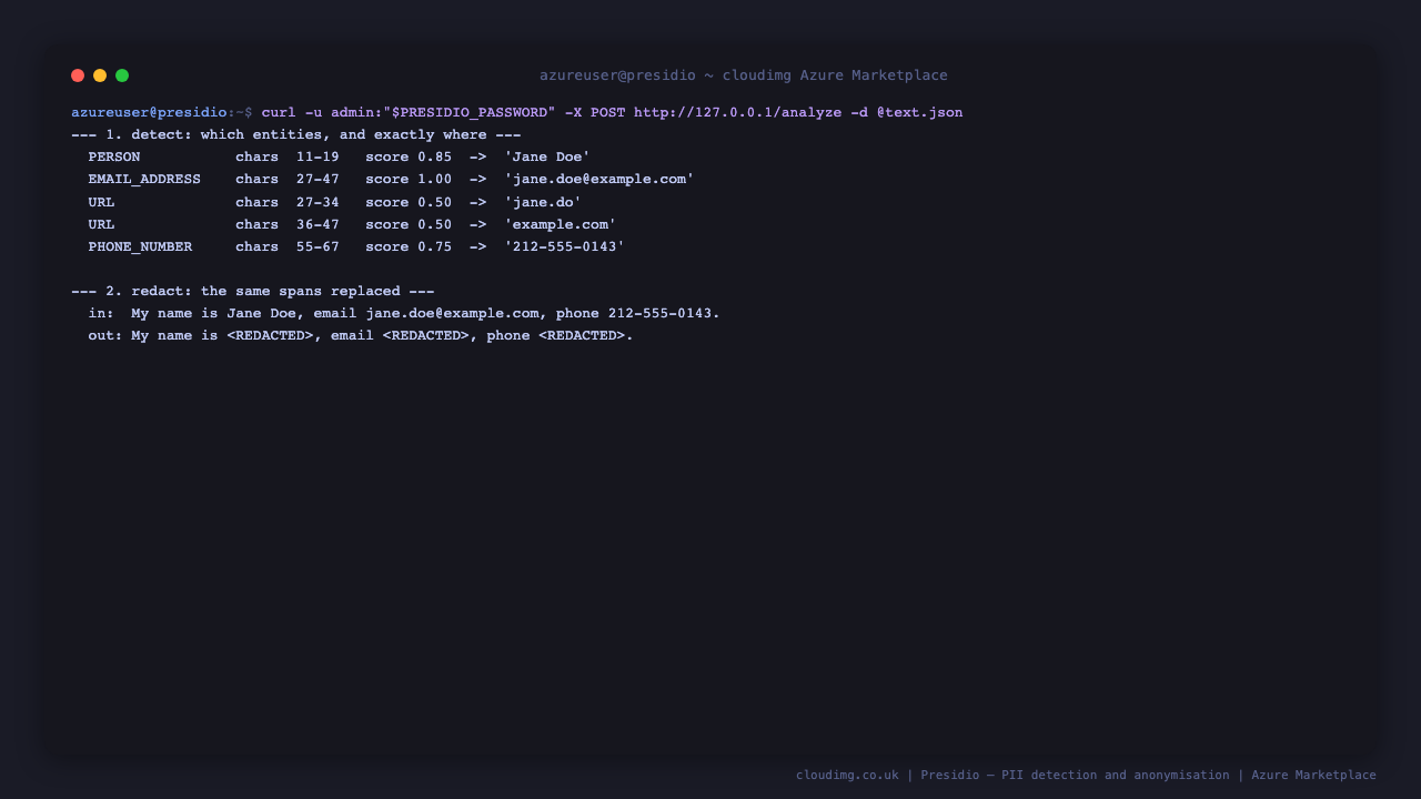 Presidio detecting a person, an email address and a telephone number in a synthetic sentence with exact character offsets and confidence scores, then the anonymizer returning the same sentence with each of those spans replaced by a redaction token