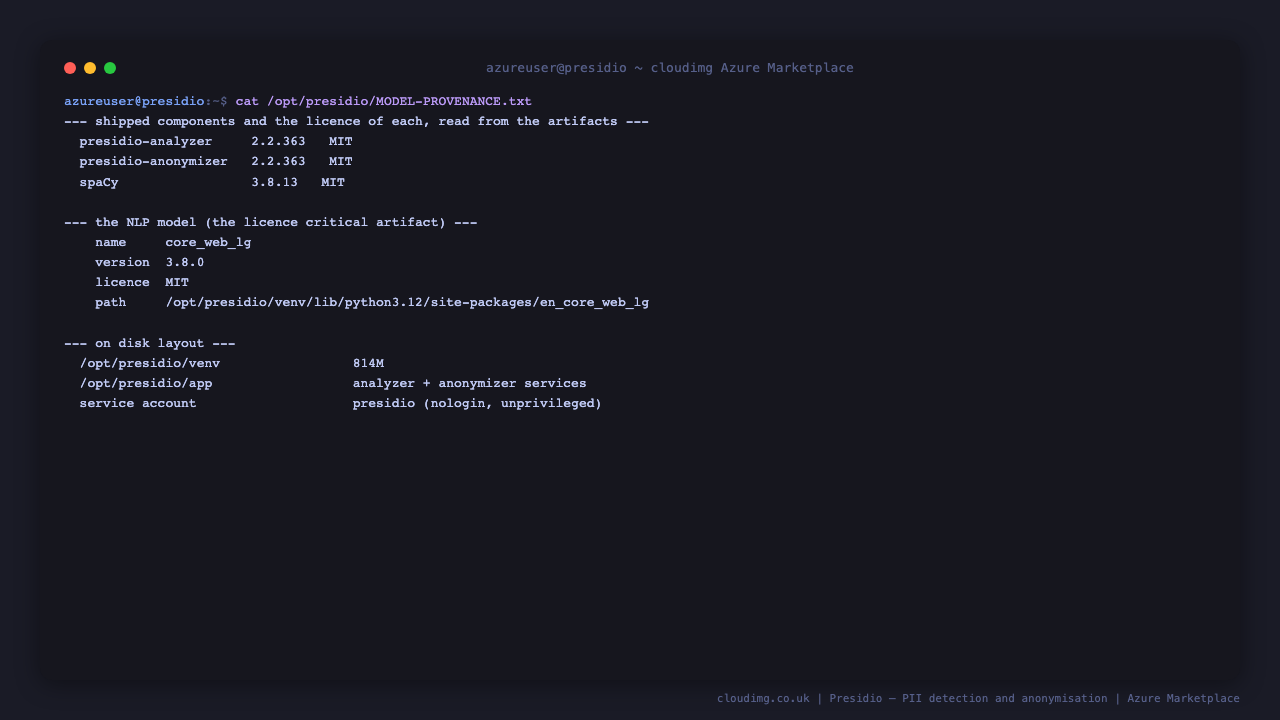 The shipped component licences read from the artifacts themselves showing presidio analyzer, presidio anonymizer and spaCy all MIT, the en_core_web_lg 3.8.0 model recorded as MIT licensed, and the on disk layout with the virtual environment and the unprivileged presidio service account