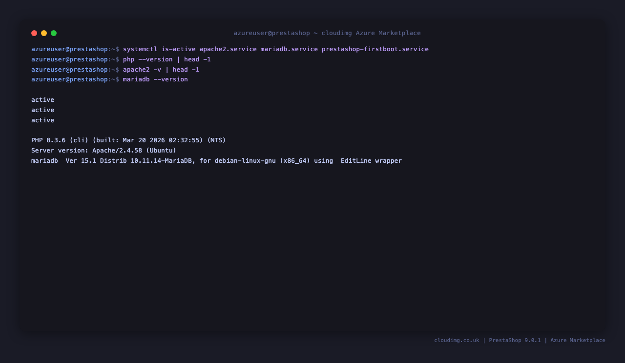 Apache, MariaDB and PrestaShop firstboot services active and PHP 8.3.6 reported