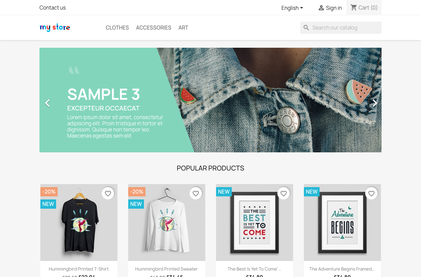 PrestaShop default storefront with Hummingbird theme and demo products