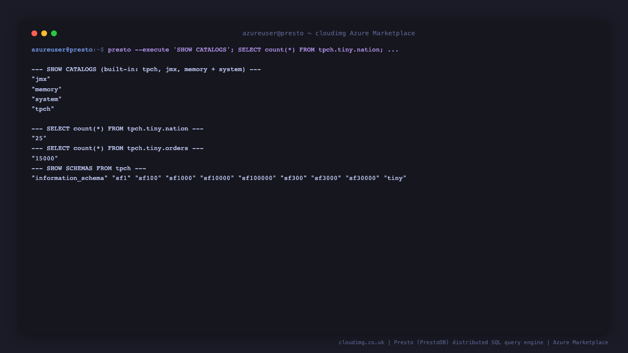 The presto CLI output of SHOW CATALOGS listing the jmx, memory, system and tpch catalogs, a SELECT count from tpch.tiny.nation returning 25 and from tpch.tiny.orders returning 15000, and SHOW SCHEMAS listing the TPC-H scale factor schemas