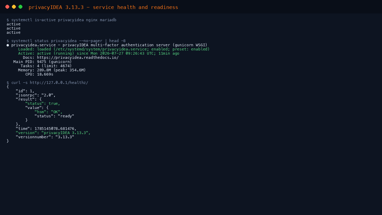 The privacyidea, nginx and mariadb services reporting active, the privacyidea gunicorn unit running, and the readiness endpoint returning status ready with the HSM reporting OK