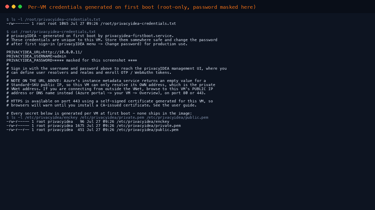 The per VM credentials file showing the generated administrator username and a masked password with 0600 root only permissions, alongside the per VM encryption key and audit signing keypair