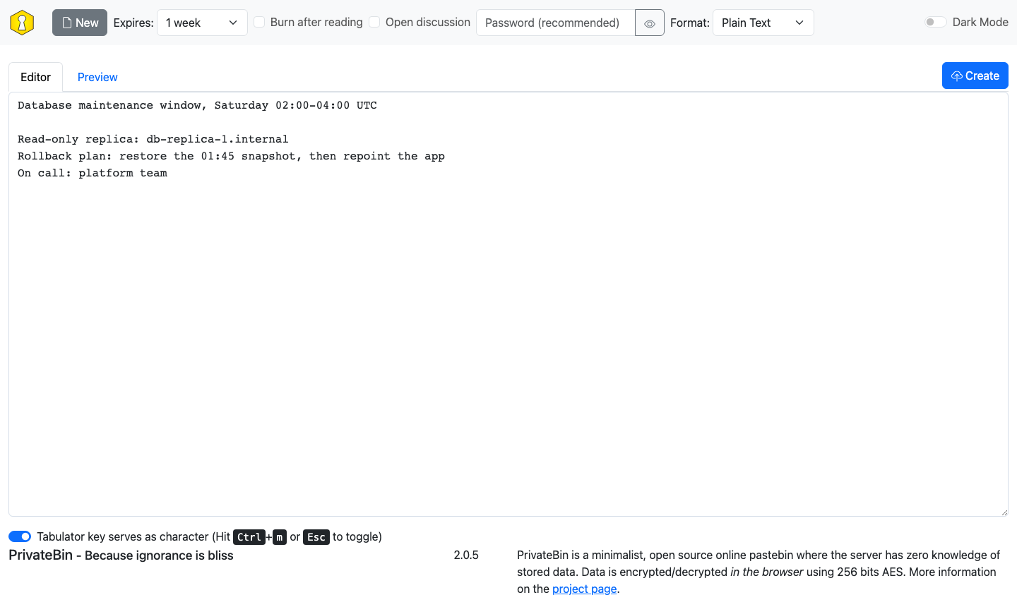 The PrivateBin editor with a maintenance note typed in, the Expires, Burn after reading, Open discussion, Password and Format options along the top and the Create button on the right