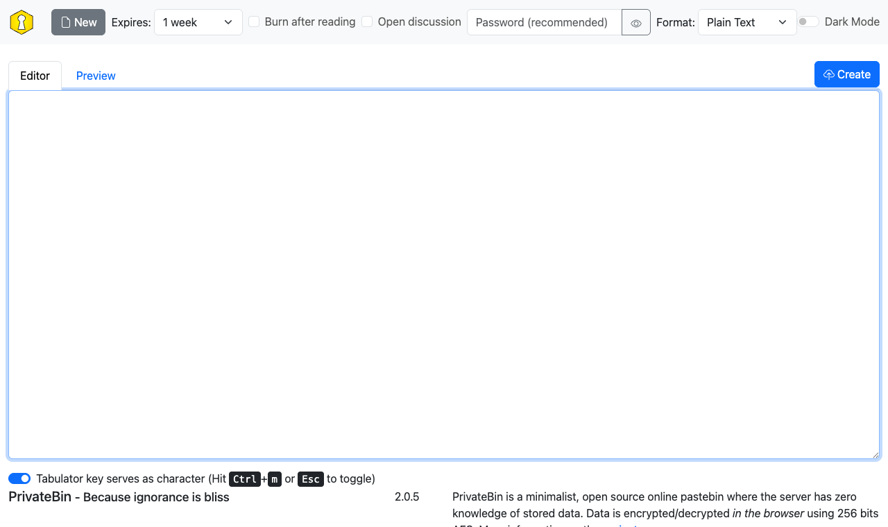 The PrivateBin New Paste editor with the toolbar and options