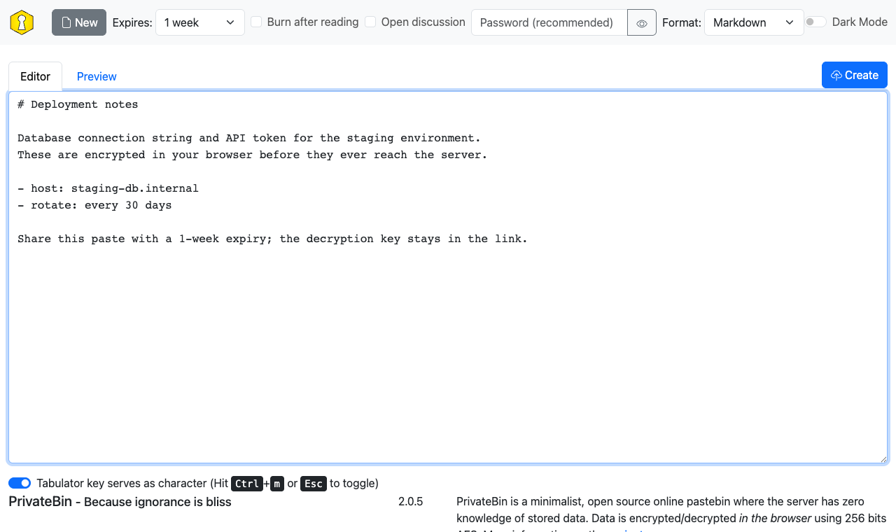 Composing a paste with the expiry set to one week and the format set to Markdown
