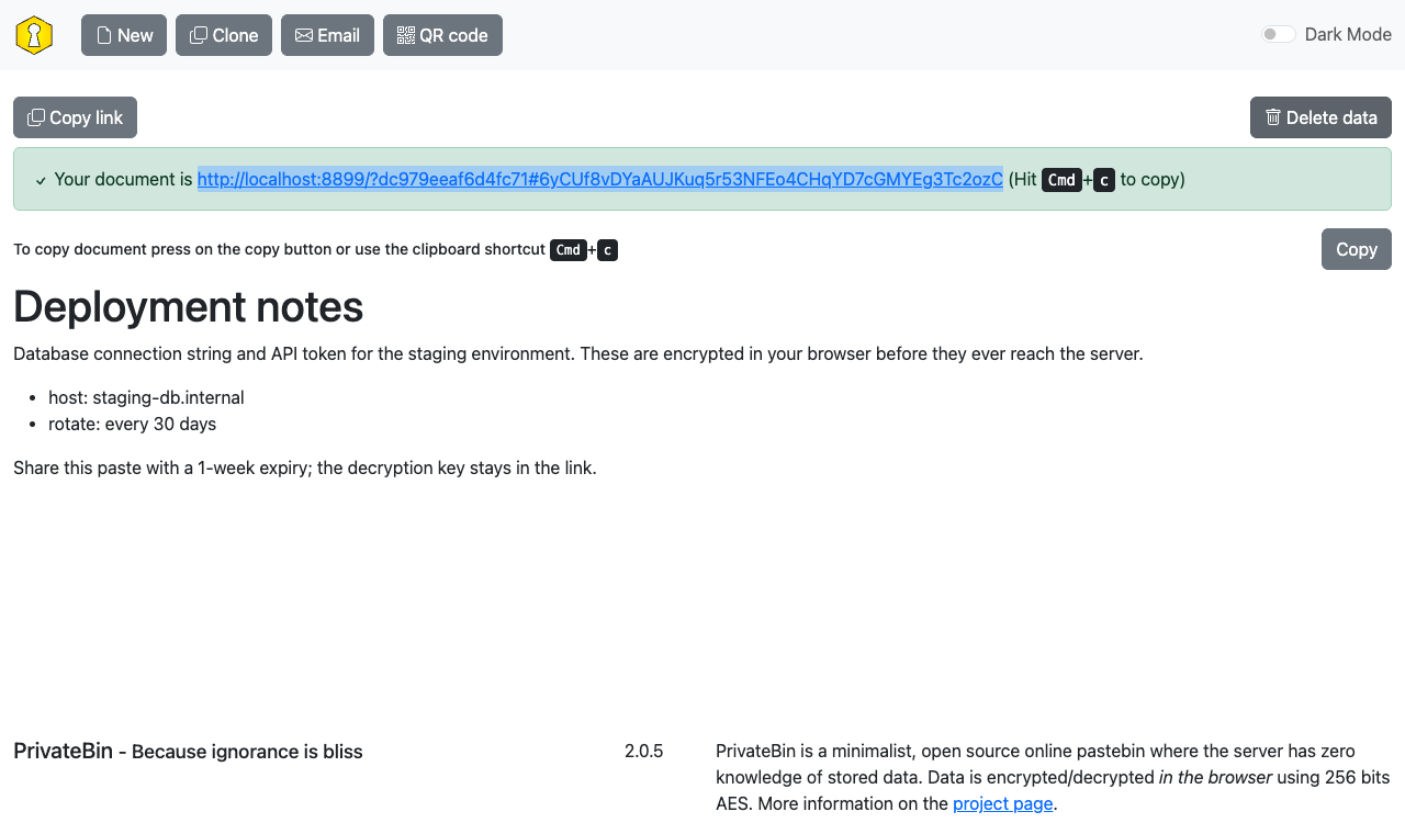 A created encrypted paste showing the shareable link with the decryption key and the Copy link, Email and QR code actions