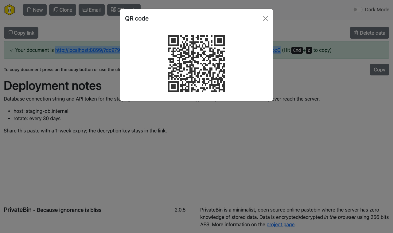 The QR code dialog rendering the full share link for the encrypted paste