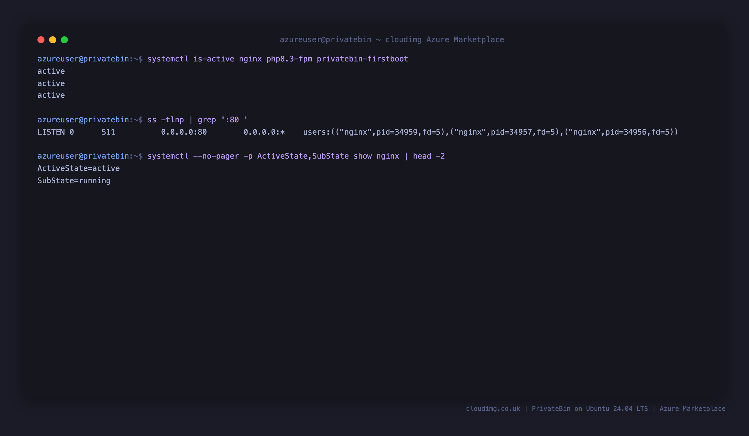 nginx, php8.3-fpm and privatebin-firstboot services active and nginx listening on port 80