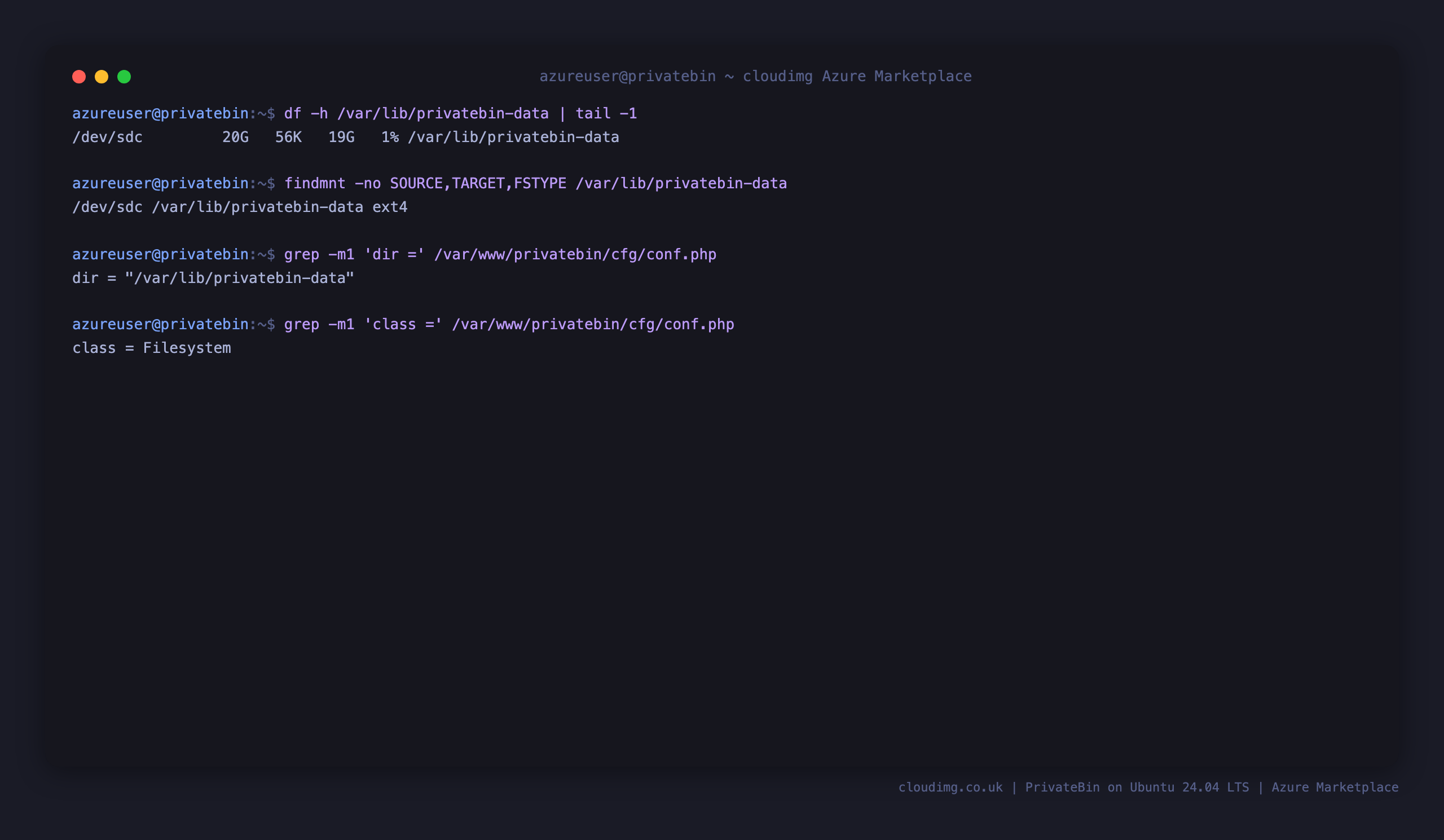 The PrivateBin data disk mounted at /var/lib/privatebin-data and the config storage dir