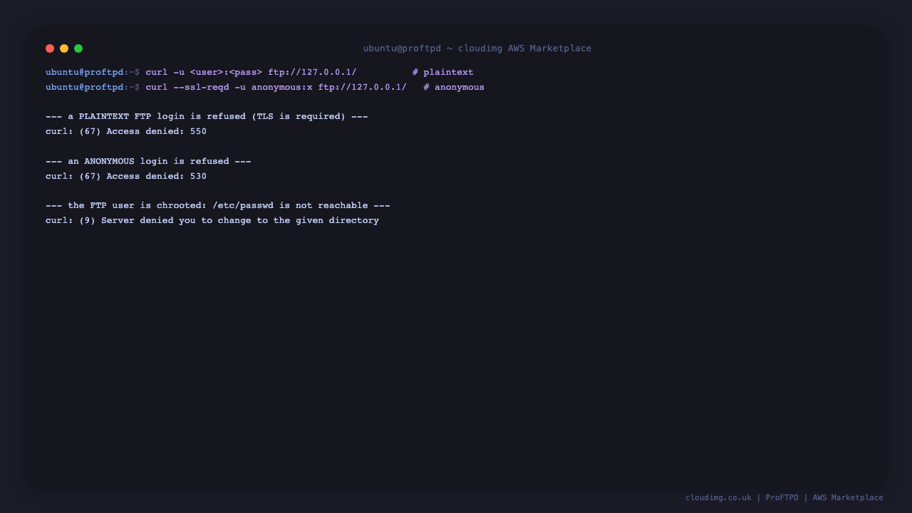 A plaintext FTP login is refused with access denied, an anonymous login is refused with access denied, and an attempt to read /etc/passwd is refused because the FTP user is chrooted to its own home directory