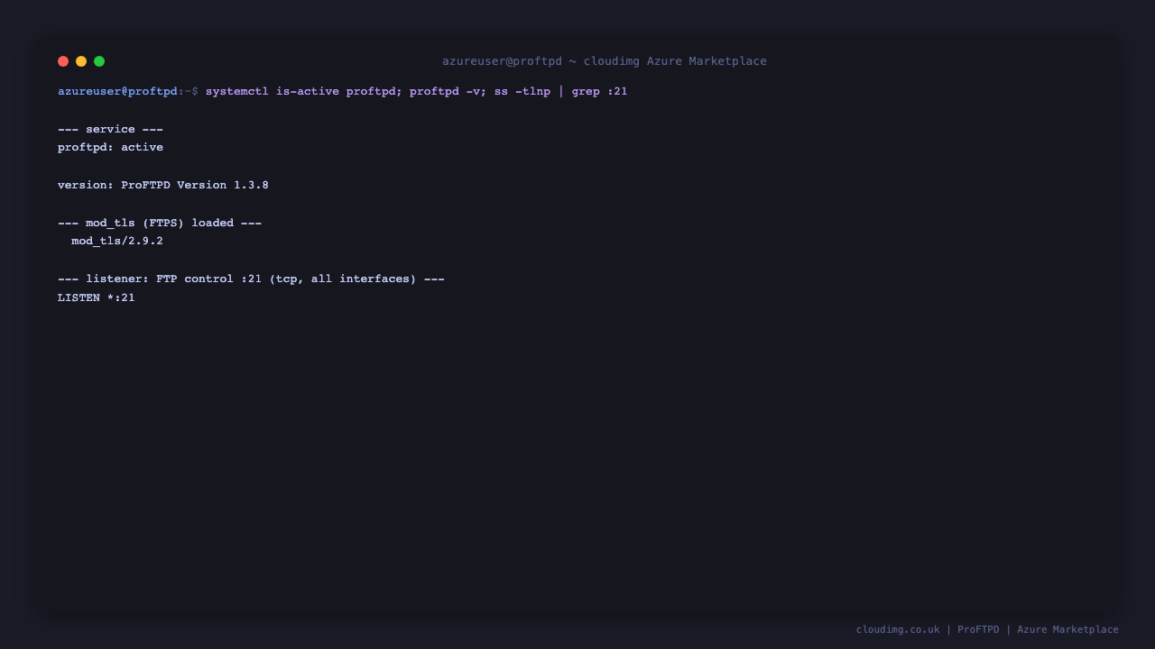 The proftpd service reports active under systemd, the ProFTPD binary reports Version 1.3.8, the mod_tls module is loaded for FTPS, and ss shows the server listening on tcp port 21 for the FTP control channel on all interfaces