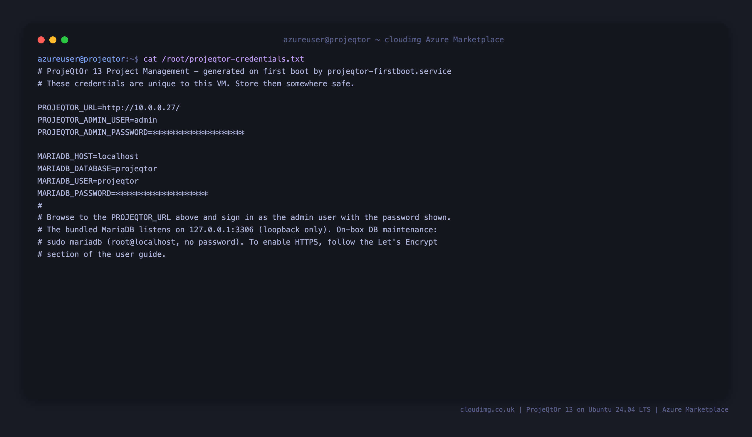 The per VM ProjeQtOr credentials file, showing the admin login user, the generated password and the console URL