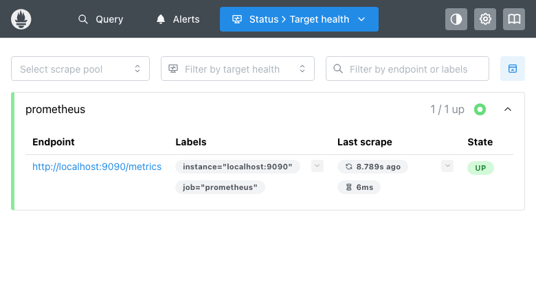 Prometheus Targets page showing self-monitoring target in UP state