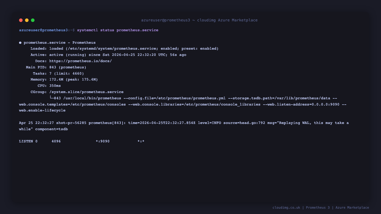 prometheus.service active and listening on TCP 9090