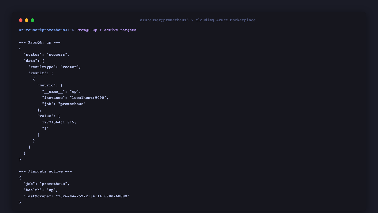 PromQL up query returns 1; /targets shows the prometheus self-monitoring job as up