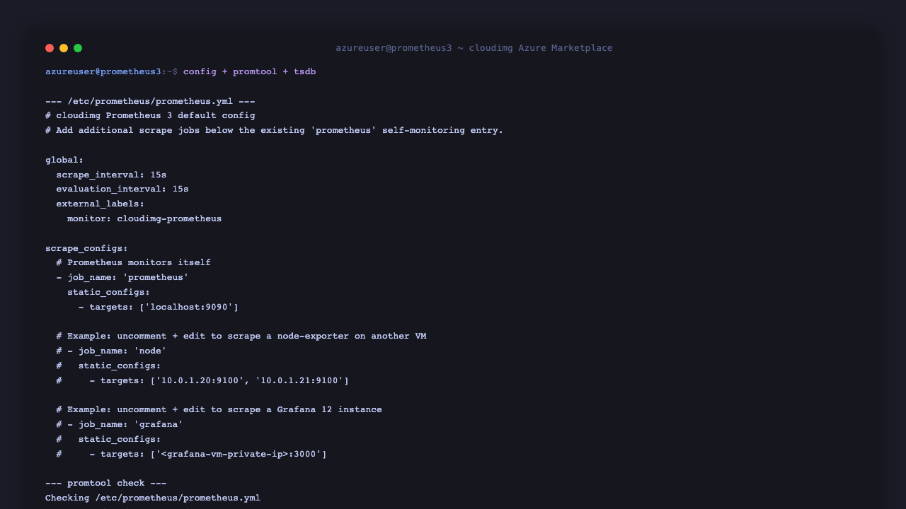 Default prometheus.yml + promtool check passes; TSDB at /var/lib/prometheus/data NOT /mnt — Azure /mnt is ephemeral