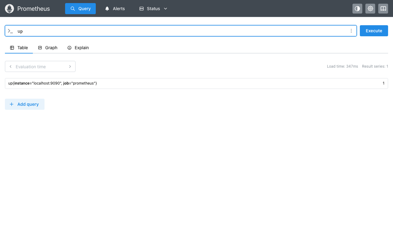 Result of the up PromQL query showing the prometheus self monitoring target as up