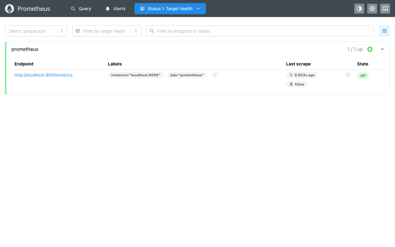 Targets page showing the prometheus self monitoring target as up with the most recent scrape time