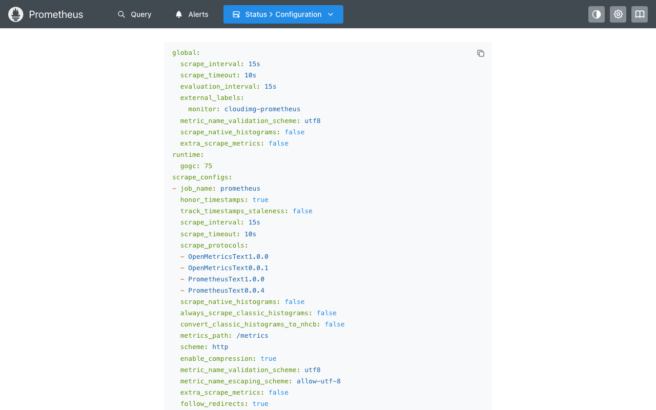 Prometheus Configuration page showing the active /etc/prometheus/prometheus.yml content rendered in the UI