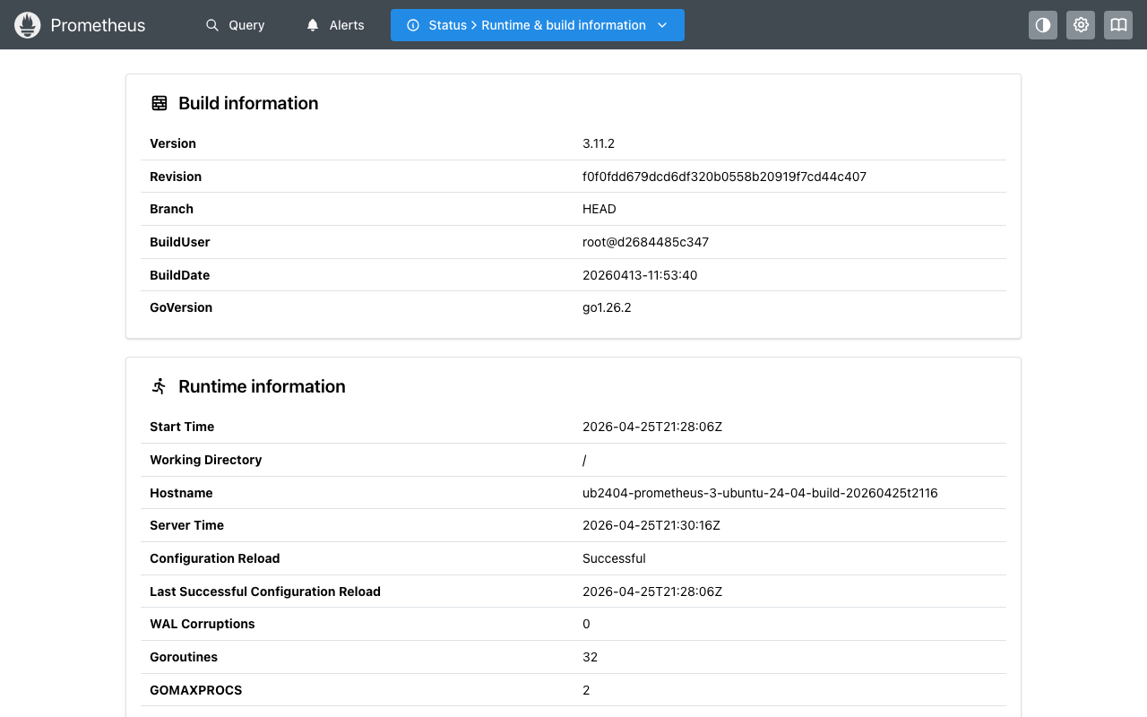 Prometheus Status page showing version 3.x, build commit, runtime statistics, and active feature flags