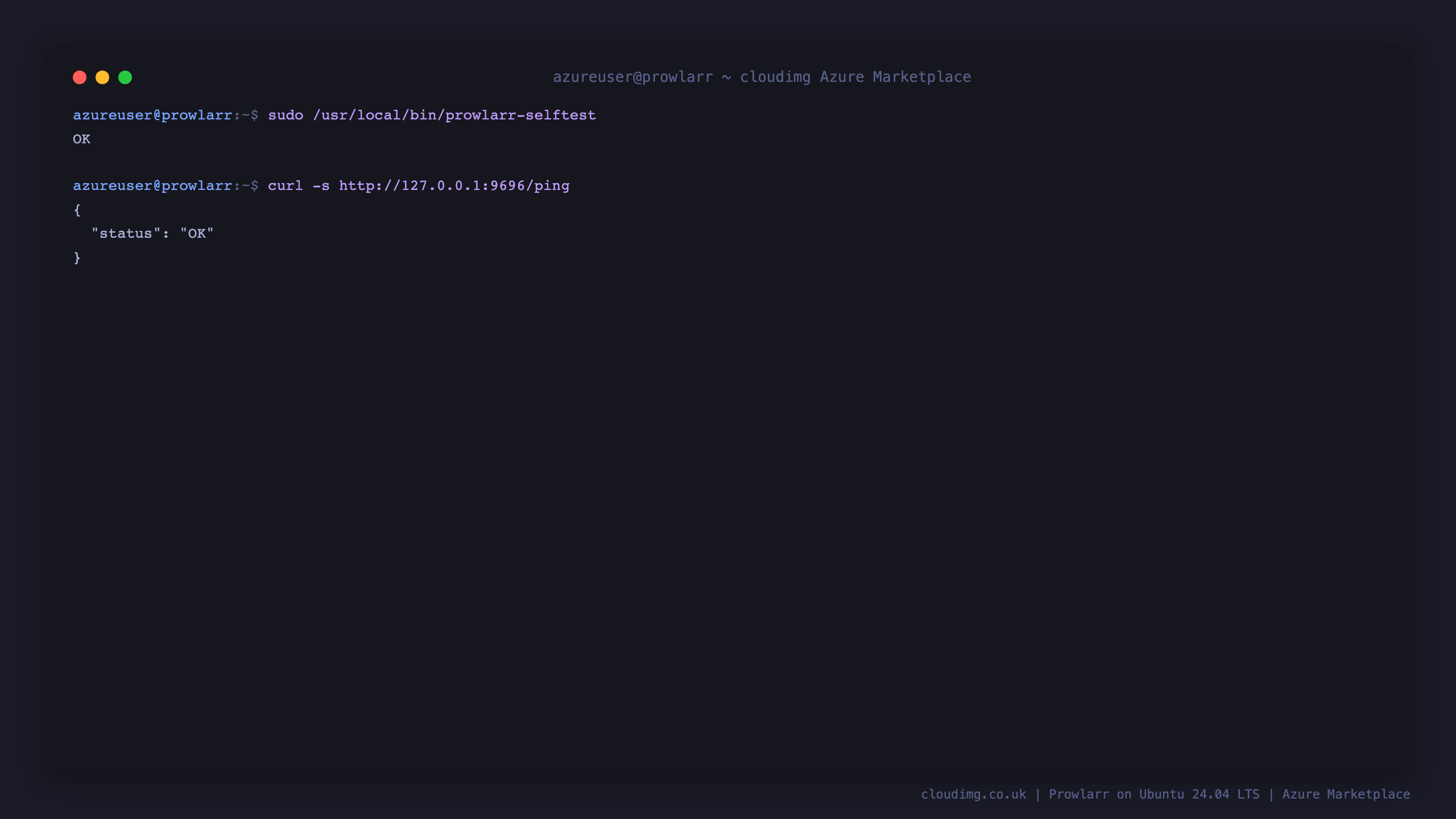 The prowlarr-selftest output reporting OK, and the unauthenticated ping endpoint returning a JSON document with status OK