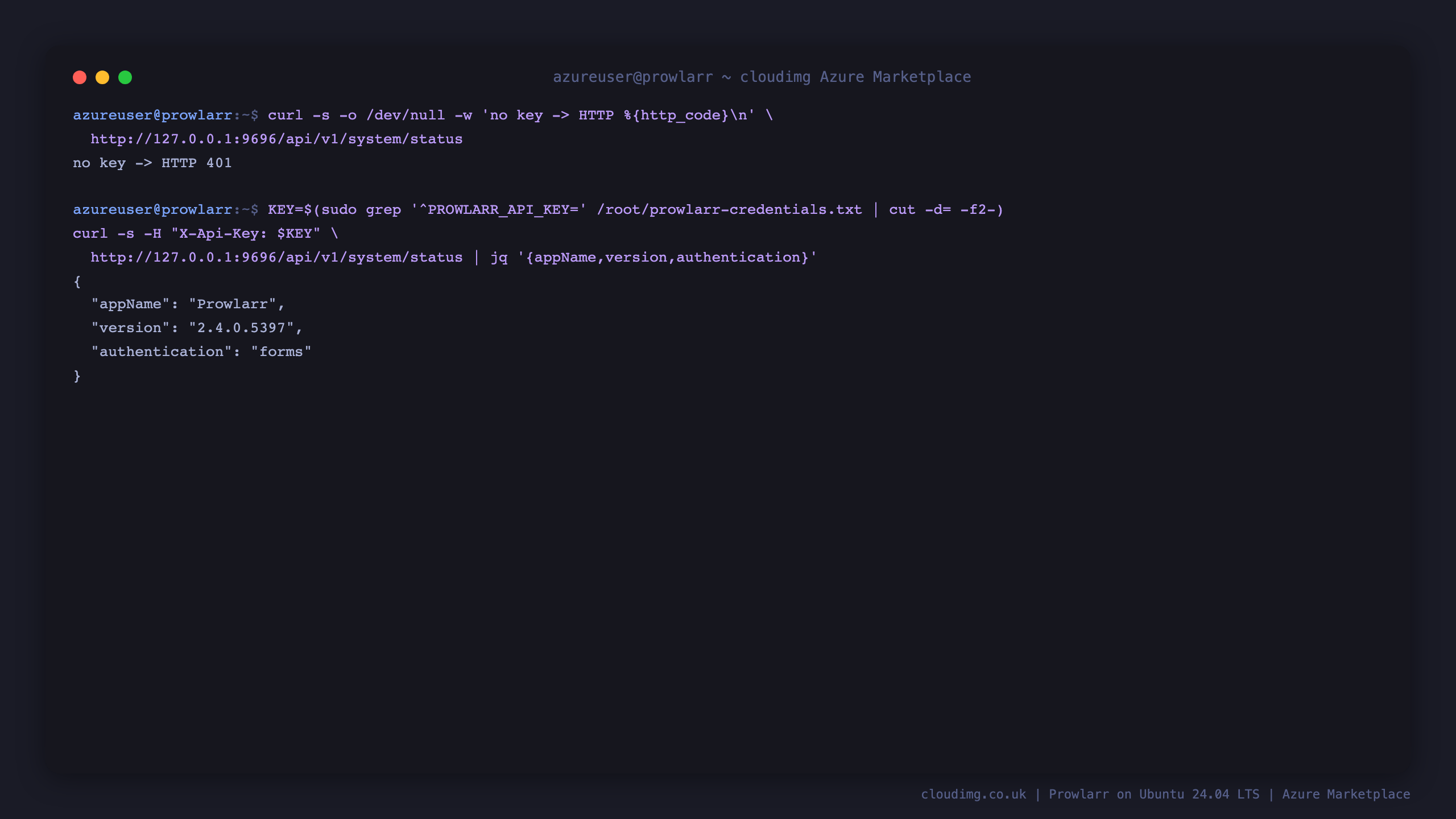 curl showing an unauthenticated request to the system status API returning HTTP 401, and an authenticated request with the per VM API key returning appName Prowlarr, version 2.4.0.5397 and authentication forms