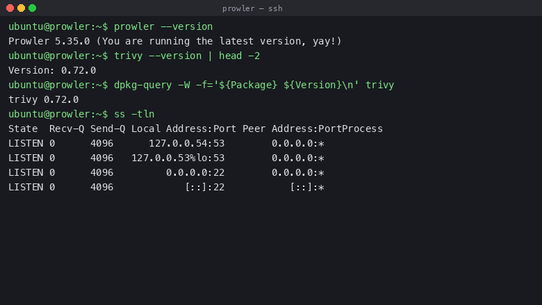 Prowler 5.35.0 and its apt-managed trivy dependency confirmed on Ubuntu 24.04, alongside the listening port check showing only SSH